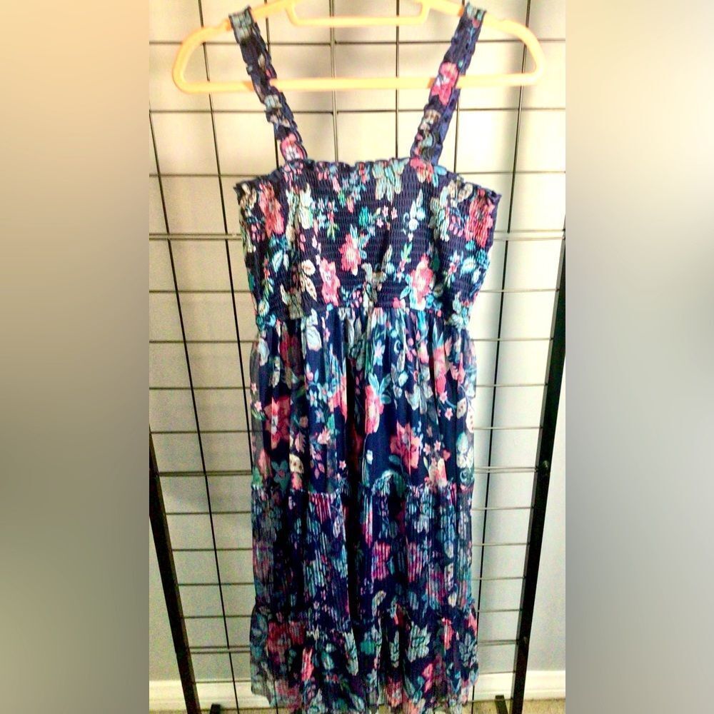 Lapis navy blue sleeveless midi dress with pink and green flower pattern NWOT